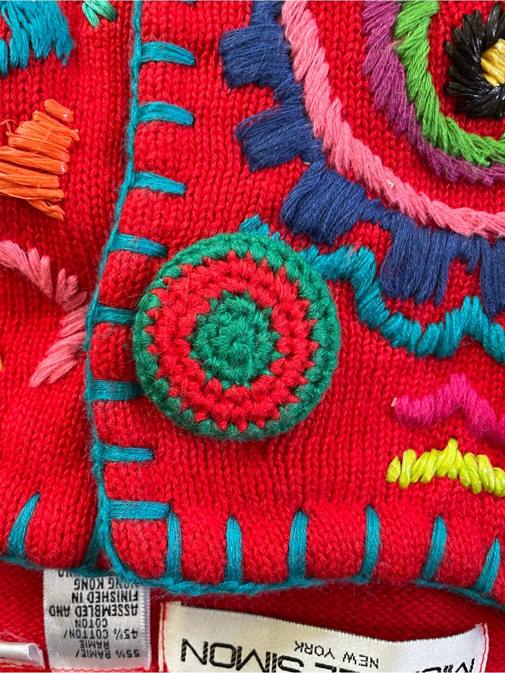 Vintage Michael Simon Red Cardigan with Turquoise Trim and Multicolor Embroidery - Picture 8 of 9